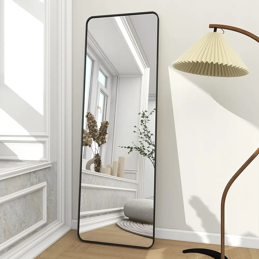 مرآة كاملة الطول باللون الأسود , مرآة أرضية دائرية ذهبية اللون واقفة معلقة أو متكئة على الحائط، مرآة غرفة الملابس بطول كامل
