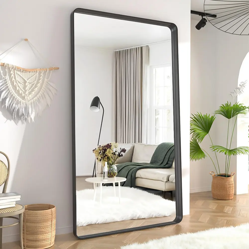 مرآة الحمام ذات الإطار العميق, مرآة زينة مثبتة على الحائط بمظهر المزرعة وتعلق أفقيًا أو رأسيًا, أسود