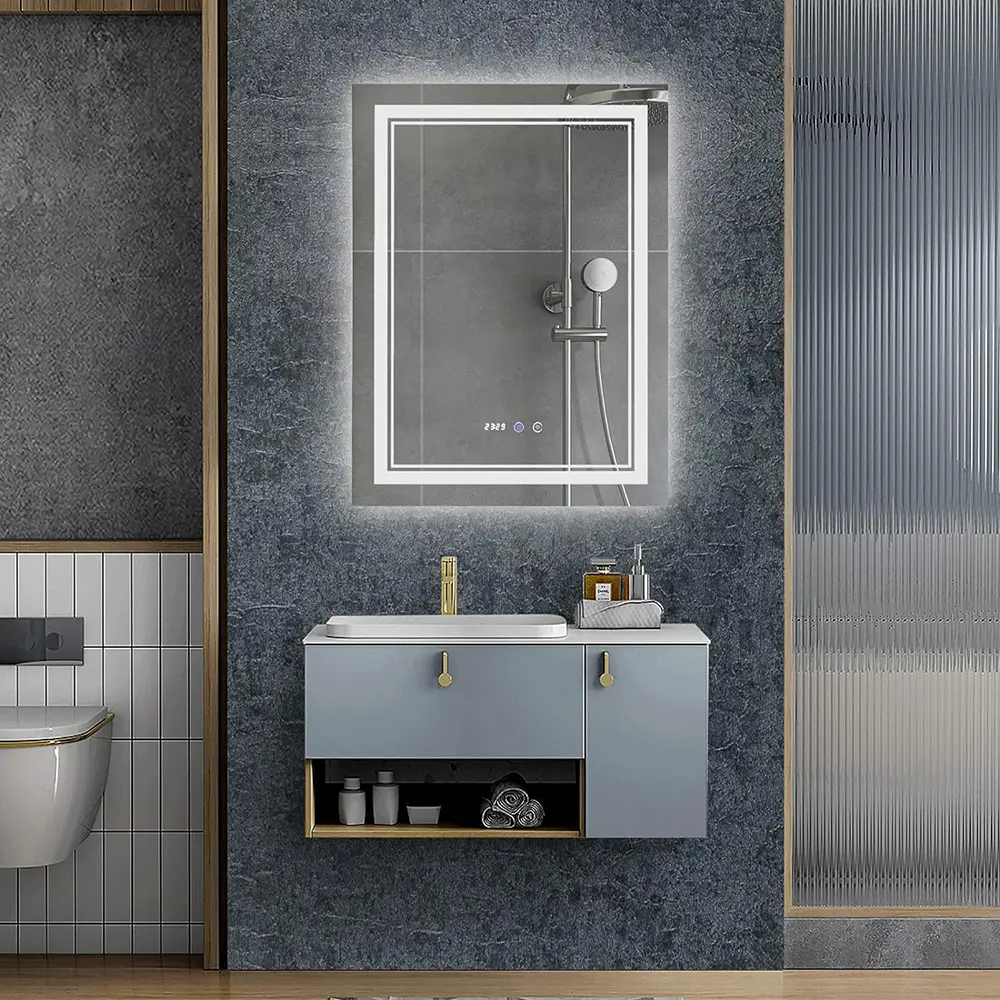 온도 및 시간 제어 기능이 있는 벽걸이형 LED 욕실 거울, 조명 및 터치 스위치가 포함된 김서림 방지 화장 화장대 거울, 수직의