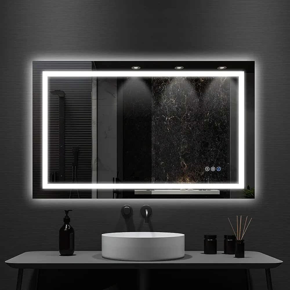 Miroir de salle de bain LED avec lumières, Anti-buée, Intensité variable, Rétroéclairé + Éclairage avant, Miroir de courtoisie de salle de bain éclairé pour mur, Incassable, Fonction mémoire