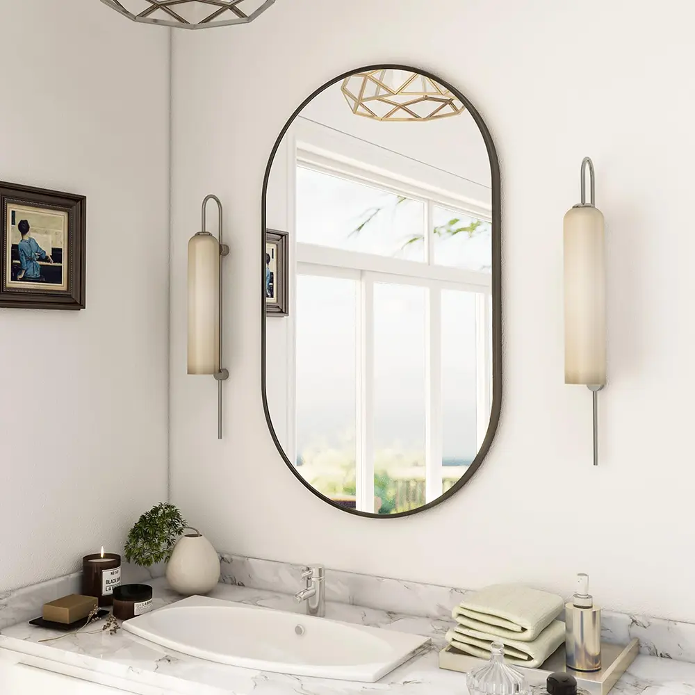 Specchio da bagno ovale, Specchio da parete Vanity nero/struttura in metallo per verticale & Sospensione orizzontale, Ideale per la camera da letto, Ingresso