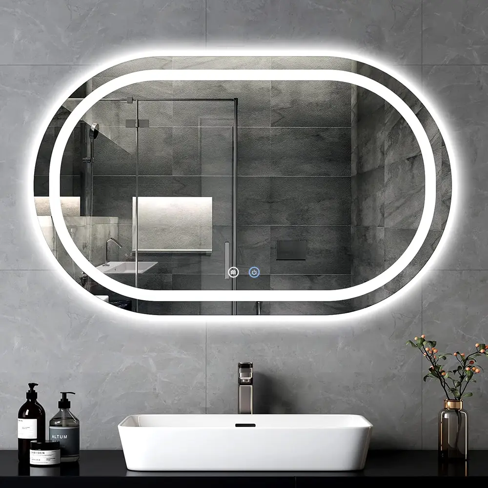 Овальное зеркало для ванной со светодиодной подсветкой 24×36 Настенное зеркало с дюймовой подсветкой и подсветкой, Анти туман, Водонепроницаемый, Диммируемый, Косметическое зеркало с сенсорным переключателем(Горизонтальный)