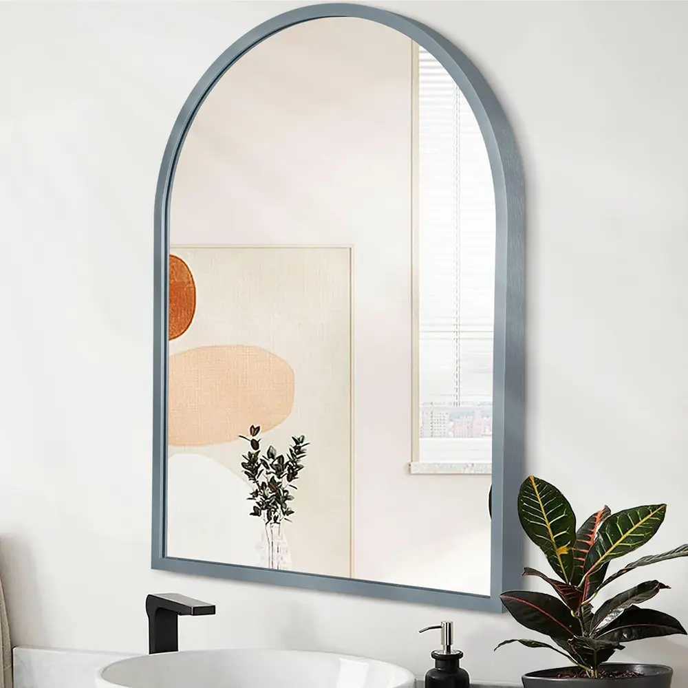 Specchio da bagno ad arco con cornice in lega di alluminio spazzolato di colore grigio