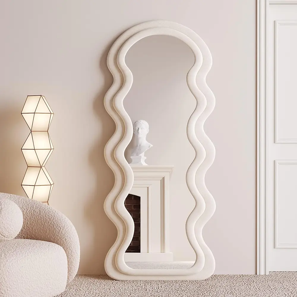 Miroir pleine longueur, Miroir ondulé irrégulier, Standing Floor Mirror with Flannel, Body Mirorr Hanging or Leaning Against Wall for Bedroom
