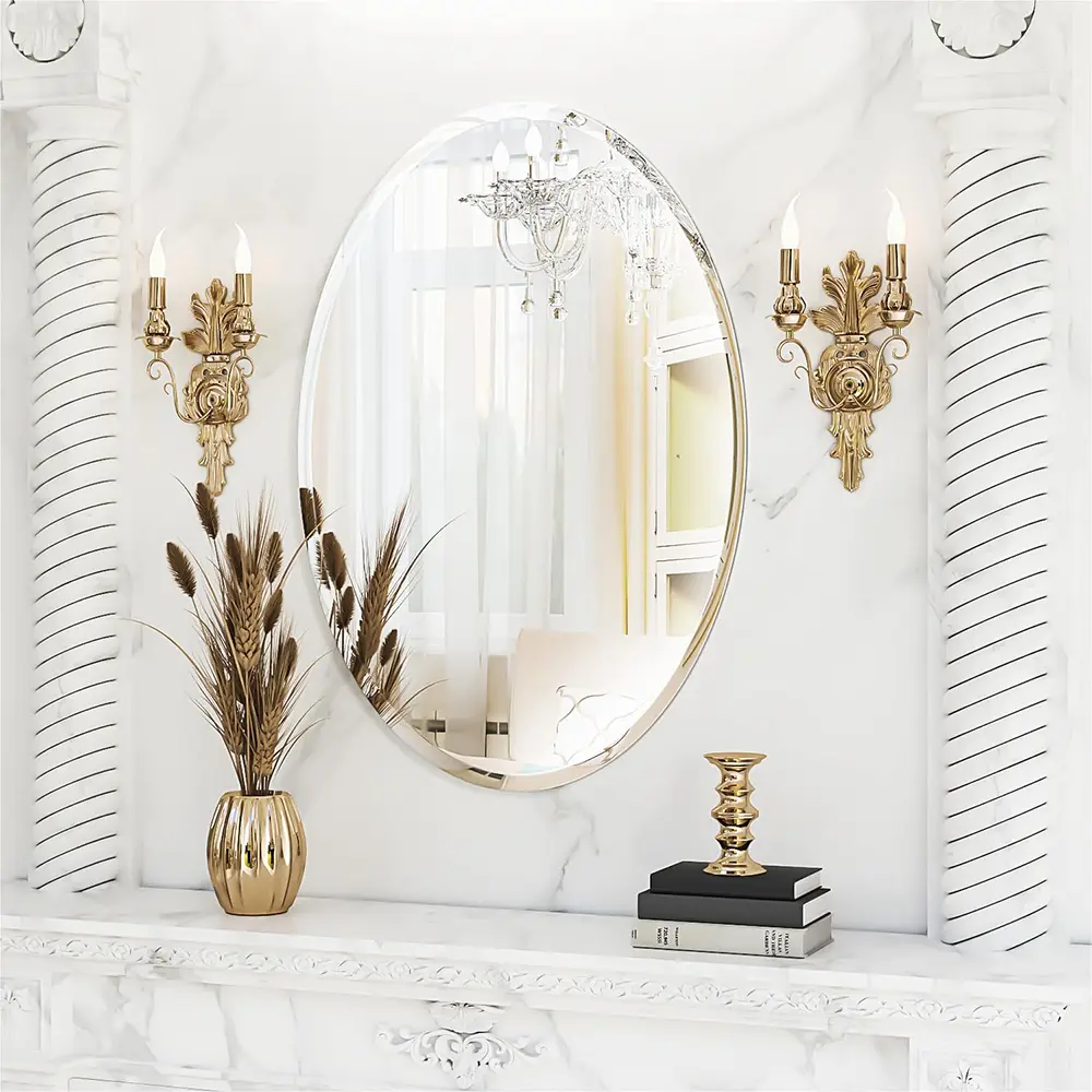 타원형 프레임리스 거울, 경사진 가장자리가 있는 욕실 벽 거울
