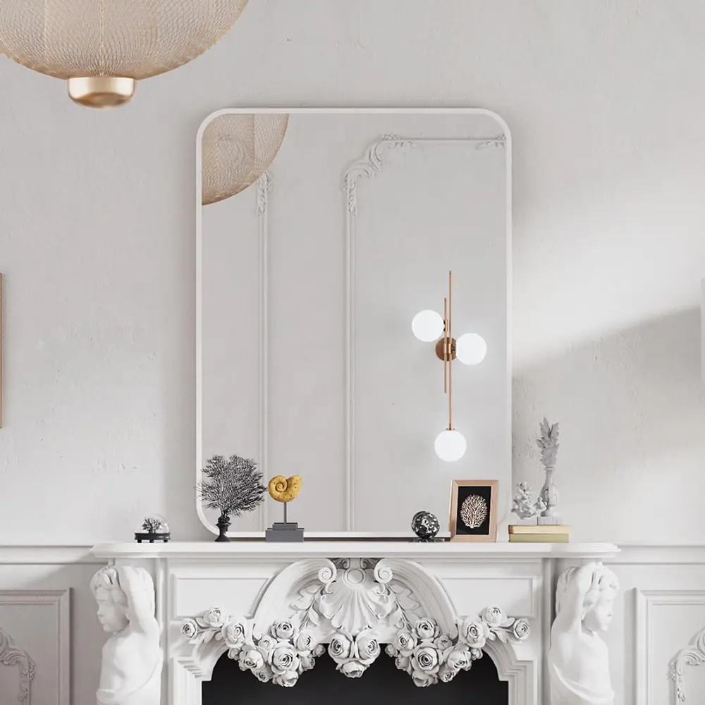 Specchio bianco rettangolare, Specchio rettangolare con cornice bianca per bagno, Ingresso, Bagno, Soggiorno, Camera da letto, Mantello