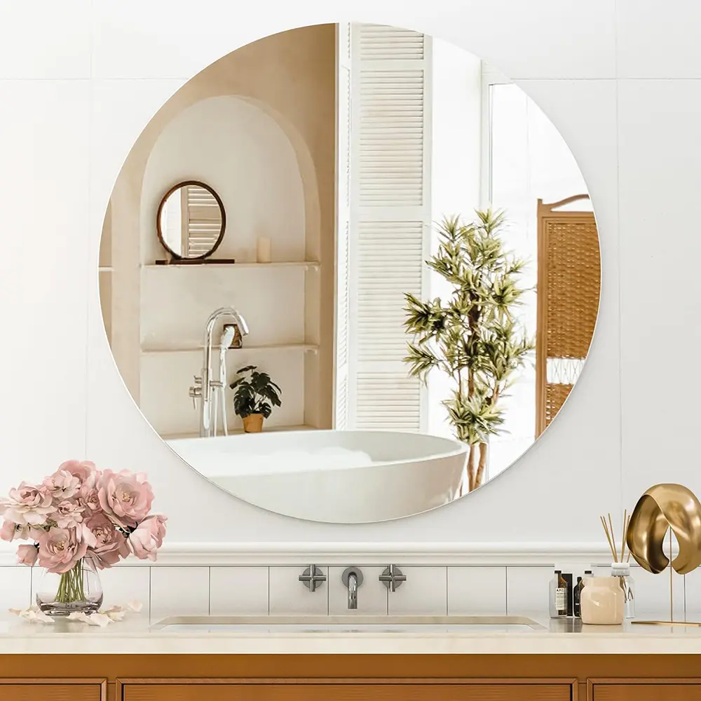Круглое безрамное зеркало, Безрамное круглое зеркало, Круглое настенное зеркало для ванной комнаты со скошенным краем