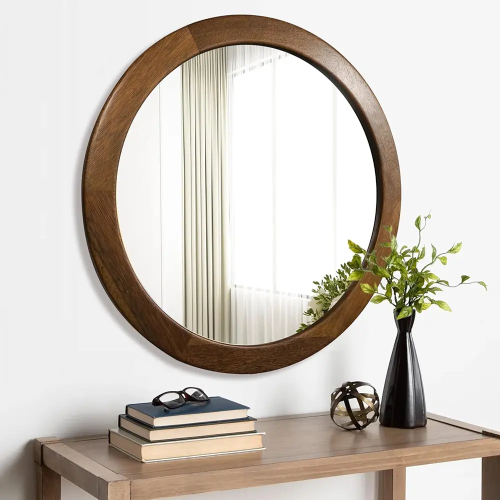 Specchio rotondo in noce,Specchio rustico da parete in legno con cornice in noce