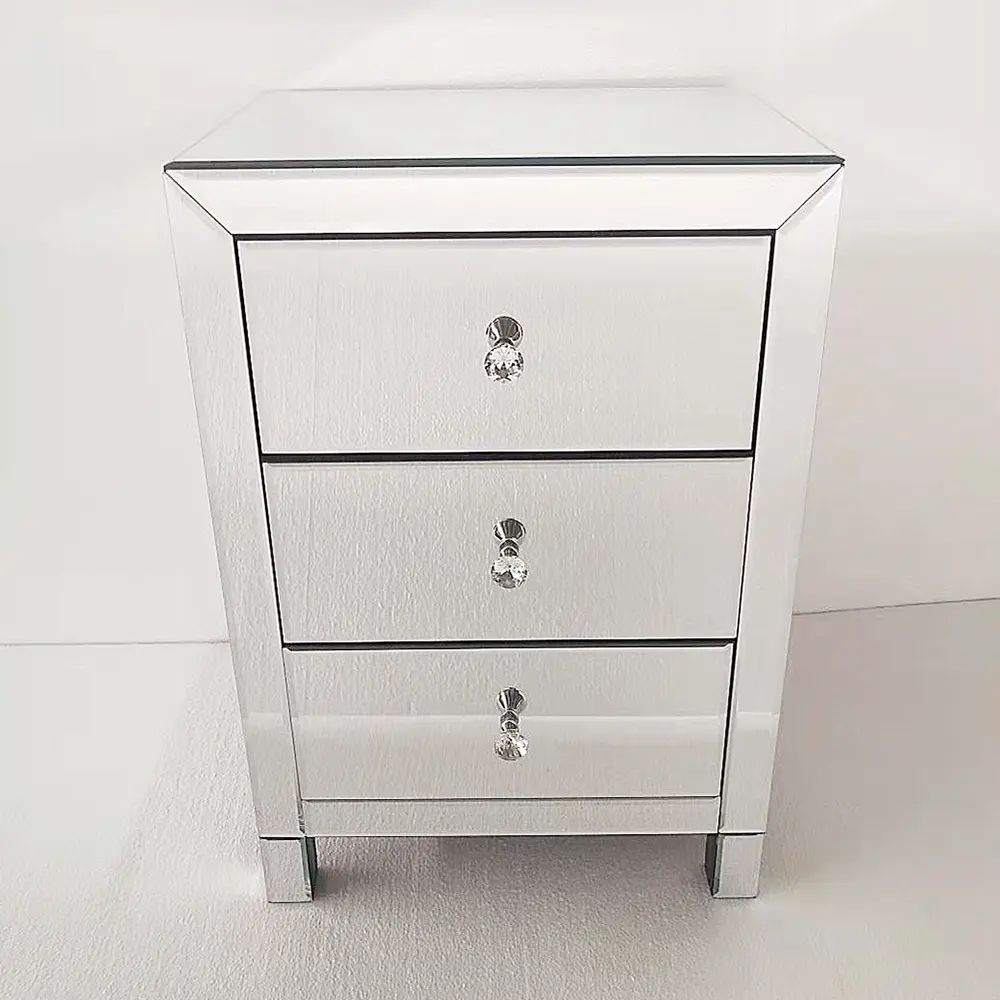 3-Drawer Mirrored Nightstand, Silver Mirror End Table Bedside Table for Bedroom, Living Room