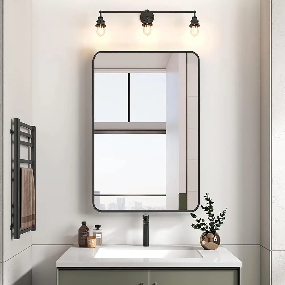 Black Rectangle Mirror for Wall, Rounded Corner Black Mirror for Bathroom, Dormitorio, Living Room, Entryway