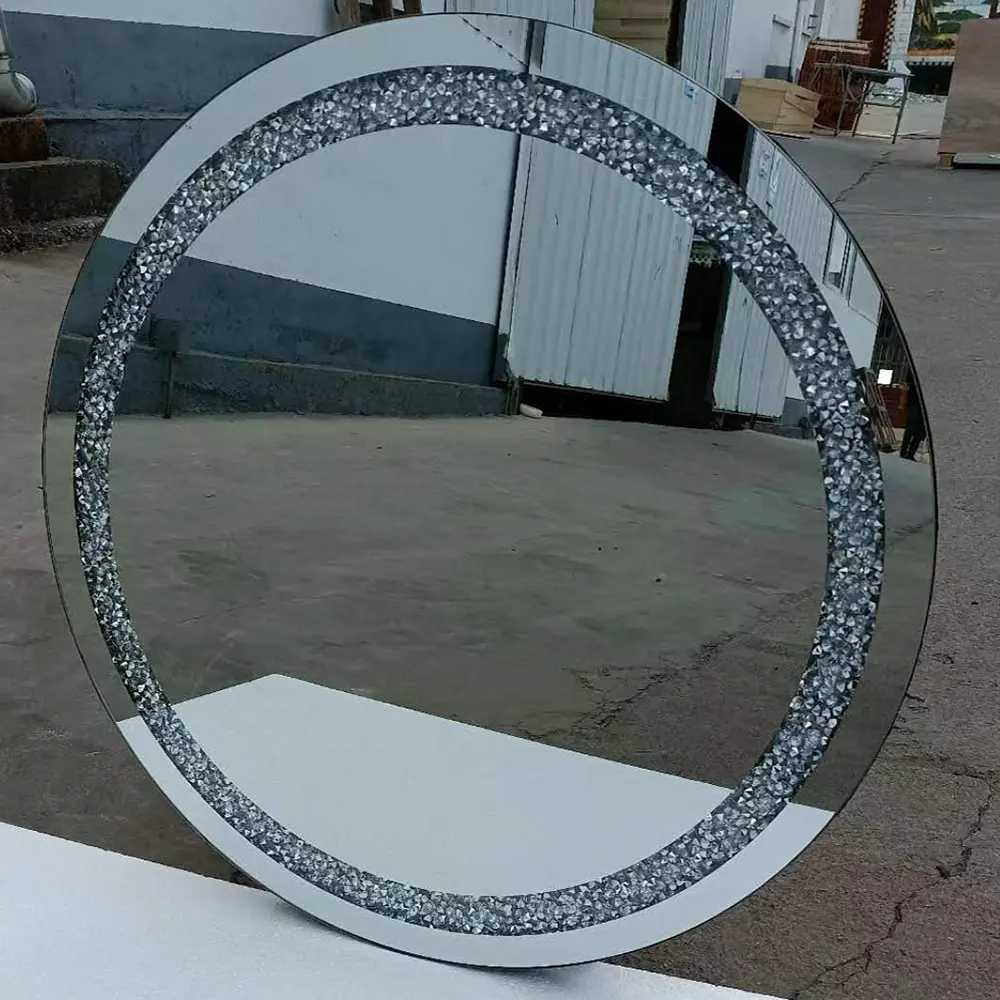 Crystal Crush Diamond Sparkly Round Silver Mirror for Wall Decoration